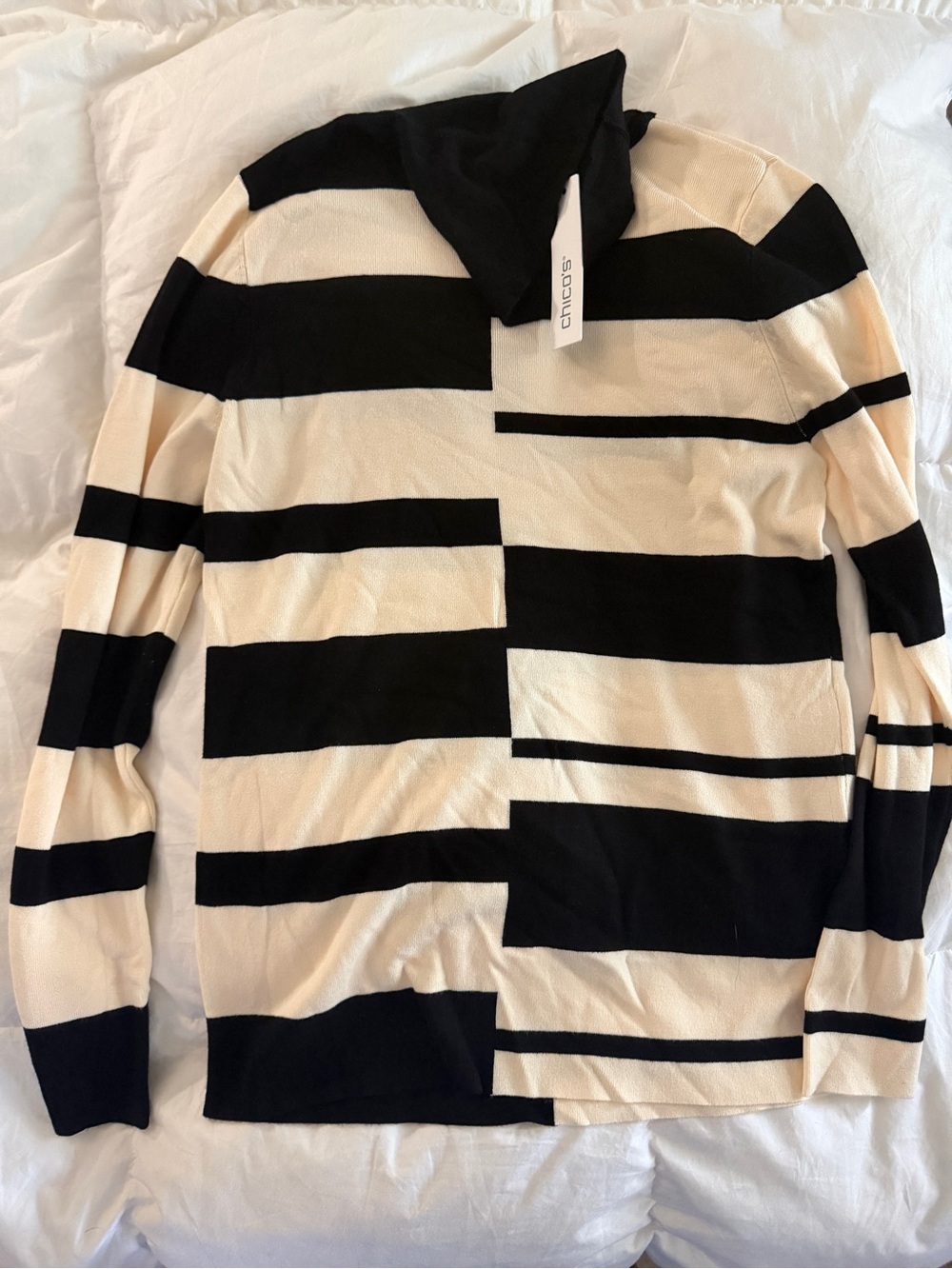 Chico's Women’s Black and Cream Striped Knit turtleneck